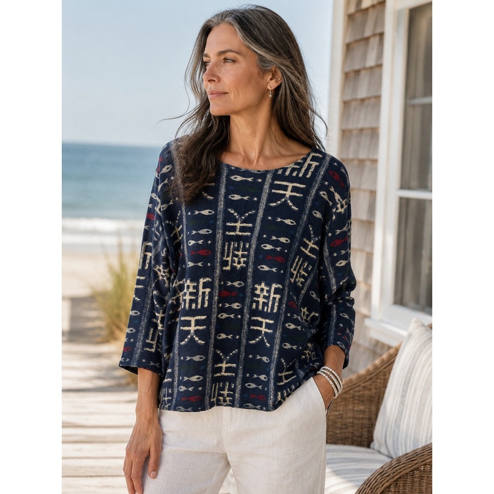 Chicos Design Top Women 2 L Blue Ribbed Fish Print Coastal Lagenlook Artsy